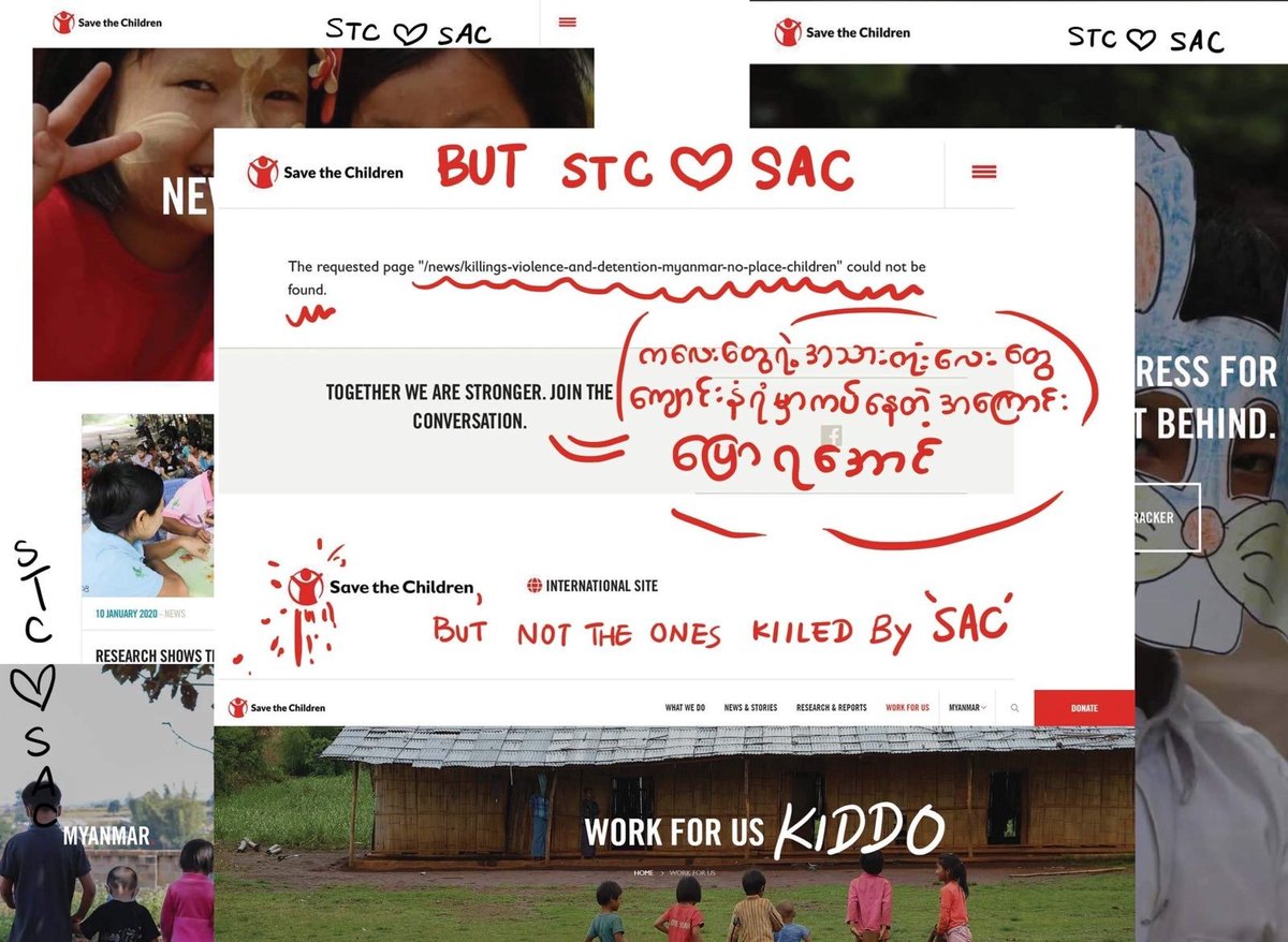 randallbreanna's tweet photo. A Myanmar artist's adaptation of Save The Children's #Myanmar webpage.
 
11 children in classrooms were killed by helicopter attack days ago. 

The collective rage toward INGOs who continue to work with Min Aung Hlaing's bloody regime is building. #WhatsHappeningInMyanmar https://t.co/mZvk9OiZOn