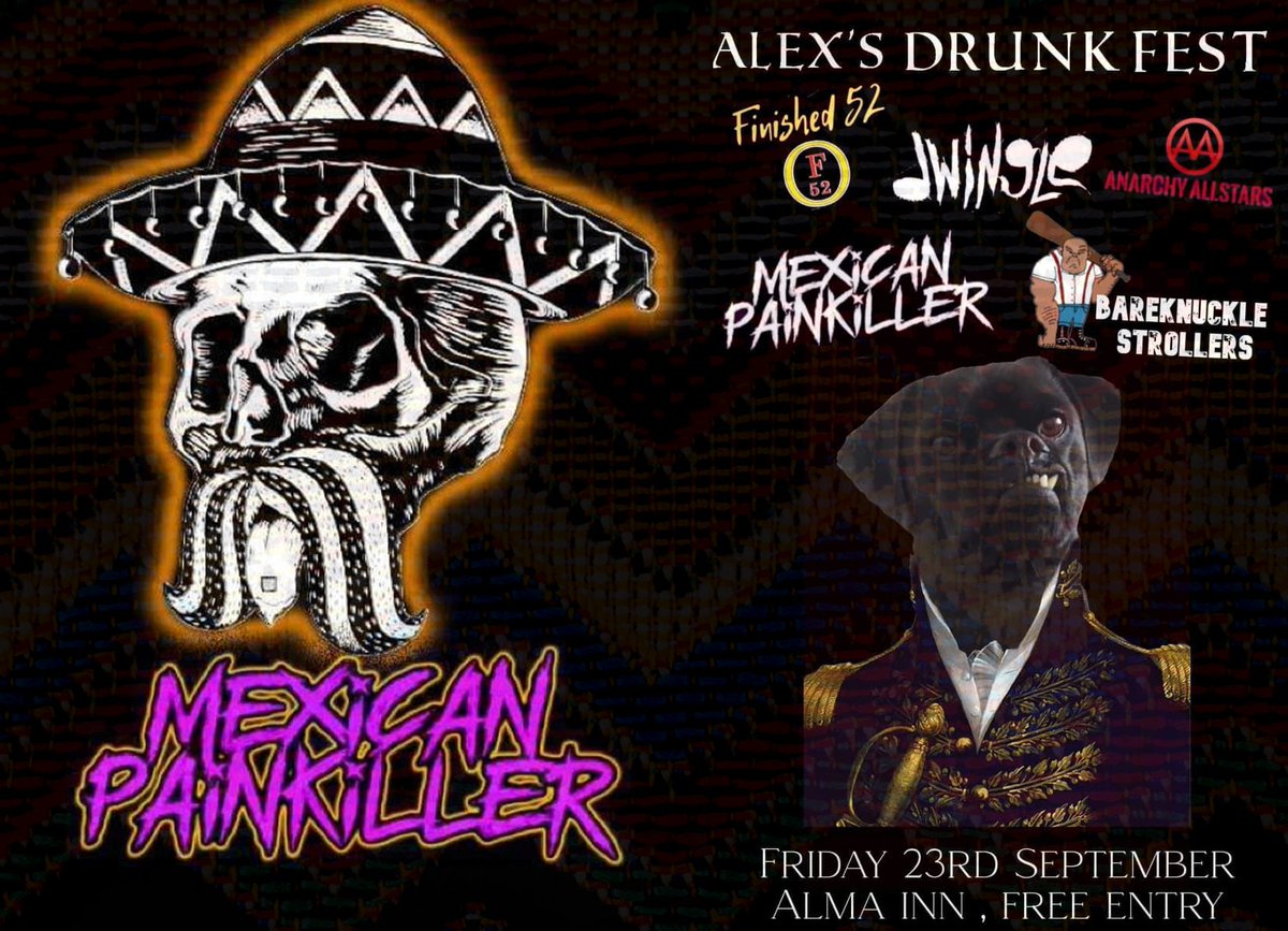 DWINGLEuk's tweet photo. You're in for a treat on Friday at the Alma Inn... because Mexican Painkiller are playing. They are fucking killer!

Listen to them here: https://t.co/fYr2wDwd02

Follow them here: https://t.co/sNuNKD7jgn

RSVP here: https://t.co/t7Kr2SPiUo https://t.co/YYAfLRlOZR