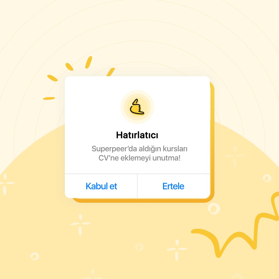 Şirketler işe alım yaparken, adaylardan farklı özellikler bekler. Fakat bütün işverenlerin aklında tek bir soru vardır. “Bu kişi işime değer katabilir mi?” 🤔
Superpeer'da katıldığın eğitimleri CV’ne ekleyebilir ve bizimle iletişime geçerek sertifika alabilirsin. 📜

#superpeer