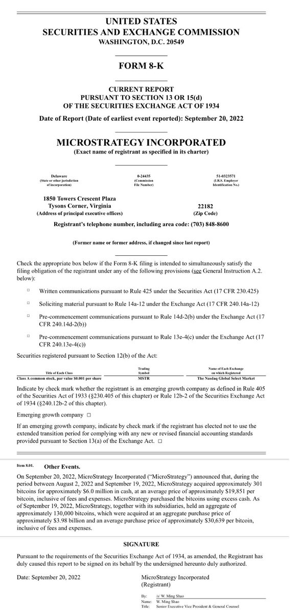 SwanDesk's tweet photo. SEC filings reveal MicroStrategy has purchased an additional 301 $BTC for $6 million.

This is their smallest #Bitcoin purchase ever as the company faces billions in losses, and Saylor resigns amid fraud charges. https://t.co/nBgEjuuHKs