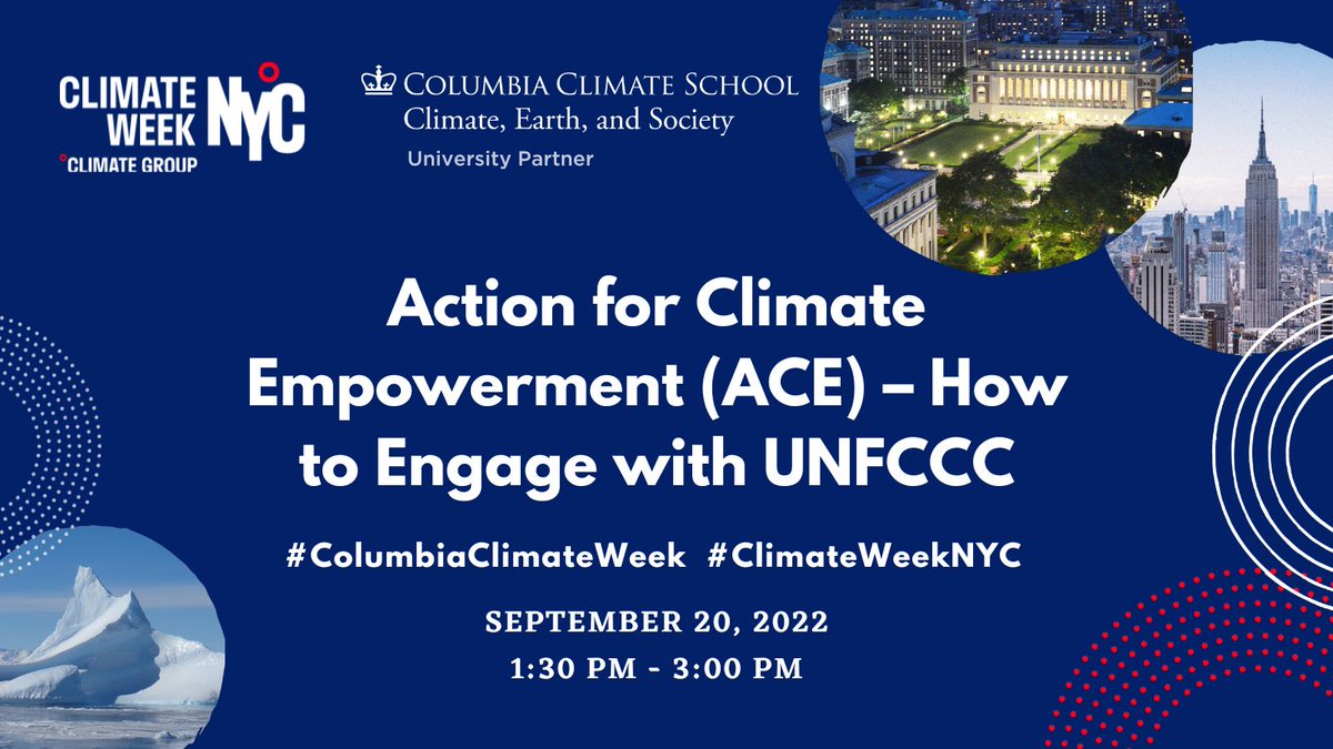 TODAY 9/20 1:30-3pm ET: Join @TCSustainable for #ClimateWeekNYC talk on Action for Climate Empowerment (ACE) Hub, a model of regional collaboration w/ @UNFCCC to accelerate #climateaction & implementation of #ParisAgreement. #ColumbiaClimateWeek RSVP:
eventbrite.com/e/action-for-c…