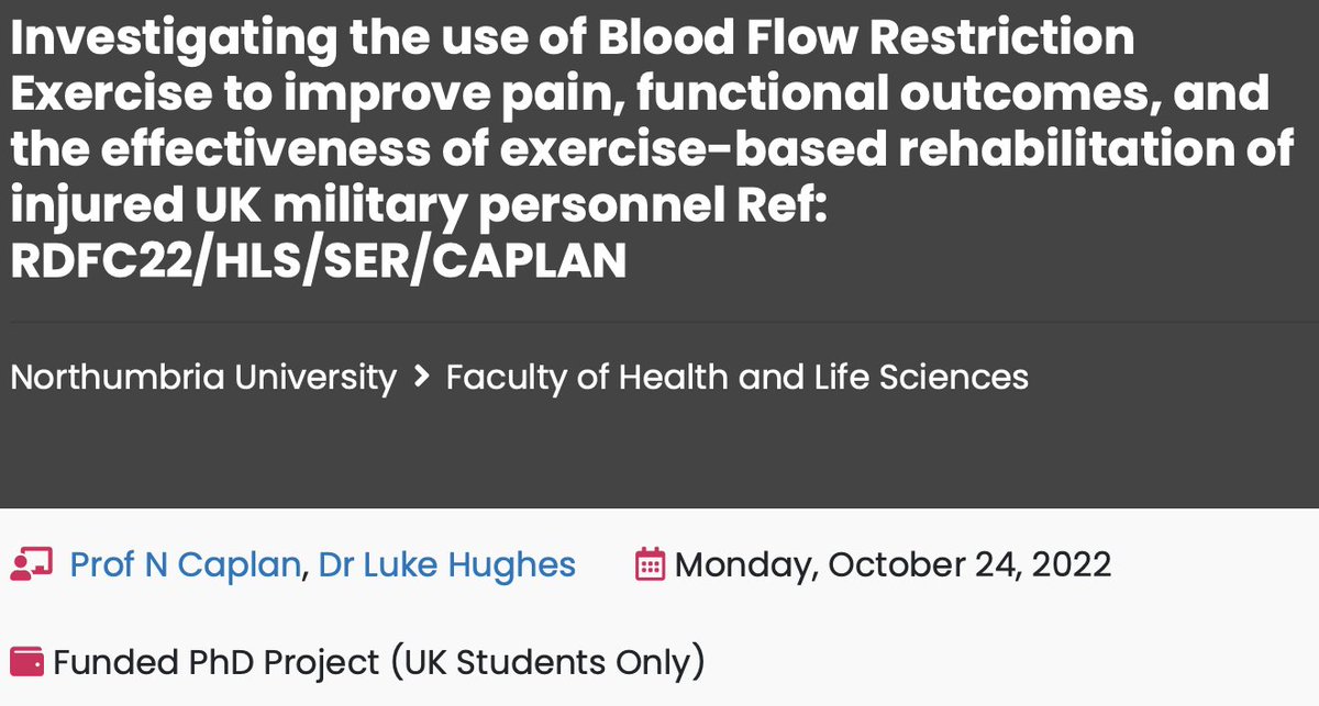 Luke Hughes (@_lukehughes_) on Twitter photo 🚨 Please share 🚨
We are recruiting for a PhD studentship in collaboration with Defence Medical Rehabilitation Centre Stanford Hall <a href="/dms_dmrc/">DMRC-Stanford Hall</a> <a href="/DMS_DefRehab/">Defence Rehabilitation</a> to investigate the use of #BloodFlowRestriction to treat pain and complex MSK injuries in military personnel. Link below 🚨 Please share 🚨
We are recruiting for a PhD studentship in collaboration with Defence Medical Rehabilitation Centre Stanford Hall <a href="/dms_dmrc/">DMRC-Stanford Hall</a> <a href="/DMS_DefRehab/">Defence Rehabilitation</a> to investigate the use of #BloodFlowRestriction to treat pain and complex MSK injuries in military personnel. Link below