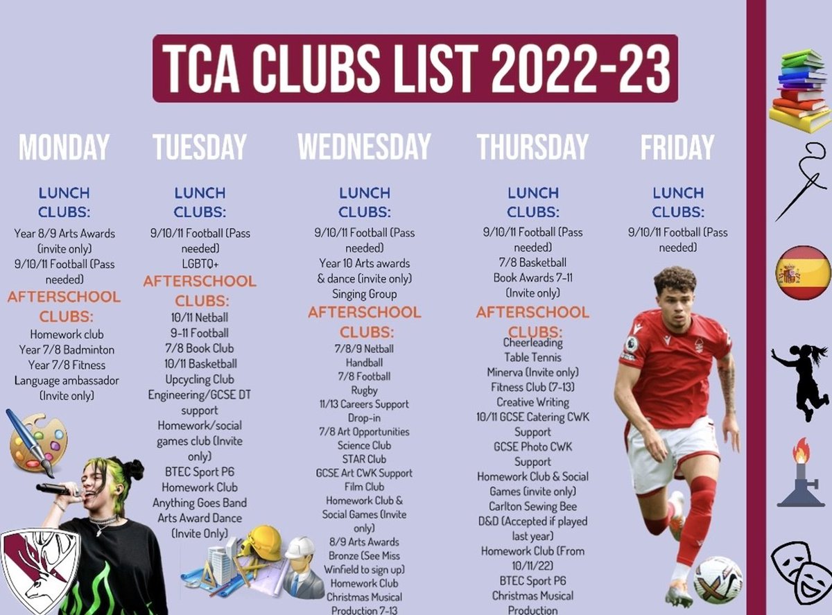 tca_pe's tweet photo. Take a look at the range of extra-curricular activities students at TCA can attend this year!

There is at least one P.E related club every single day, we hope to see as many students as possible attending them! For more information contact the P.E department. https://t.co/gGkrNgdABA