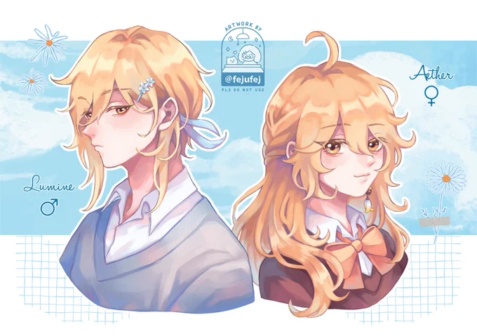 Our MC genderbend cos I wanna see pretty eter and handsome lumine Gonna print this for comifuro freebies!!! #comifuro15 #cf15 #Genshinlmpact #AETHER #lumine 