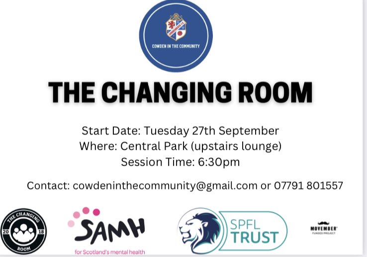 The Central Park Community Trust & @CowdenbeathFC are delighted to bring The Changing Room to Central Park as we look forward to kicking-off the innovative 12 week course that invites men aged 30-64 to take action for their mental health.