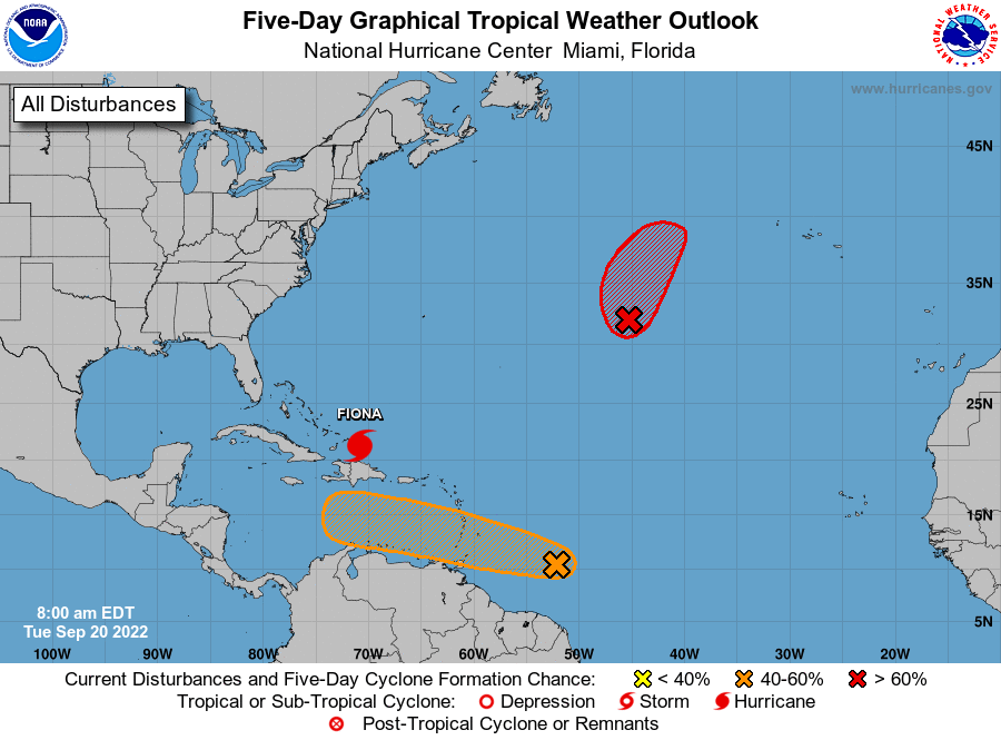 NHC_Atlantic's tweet photo. 8 AM EDT Tue: We are watching 2 disturbances in the basin. In the N central Atlantic, a low has a high (80%) chance of formation in 2 days. Near the Windward Islands, a wave has a low chance (10%) of formation in 2 days and medium chance (50%) in 5 days. https://t.co/tW4KeGe9uJ https://t.co/ibxRj00e2w
