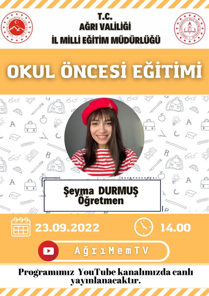 23.09.2022 14:00 <a href="/agrimem/">AĞRI MEM</a> tarafından kurulan Eğitim Medya stüdyosunda Öğretmen Şeyma DURMUŞ (<a href="/seymaogretmenm/">Şeyma Durmuş</a>) ile Okul Öncesi Eğitimi  programı yapılacaktır. Programımız İl MEM YouTube kanalı üzerinden canlı yayınlanacaktır. youtube.com/user/agrimemtv
<a href="/hasan_kokrek/">Hasan Kökrek</a> <a href="/SelahattnBilgic/">Selahattin Bilgiç</a>