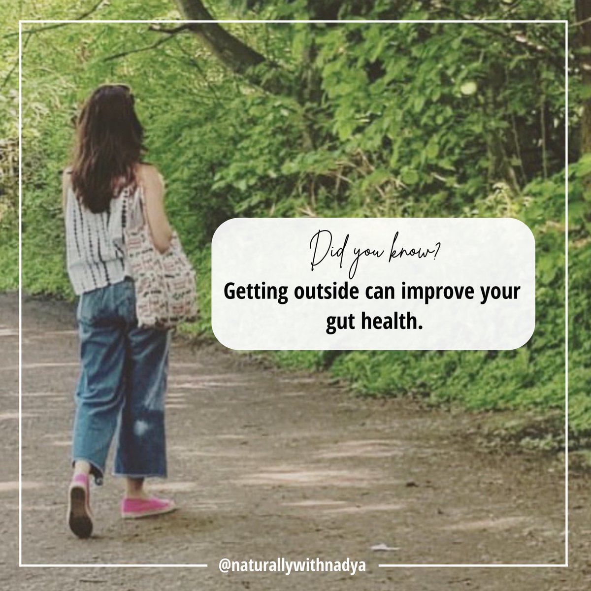 maliknadya's tweet photo. 5 gut focussed reasons to get outside:

1. Lowers stress
2. Better immunity 
3. Less seasonal allergies 
4. Movement induced microbial diversity 

#naturallywithnadya #guthealthcoach #wellnesscoach #healthcoach https://t.co/3bTYSg9xrp