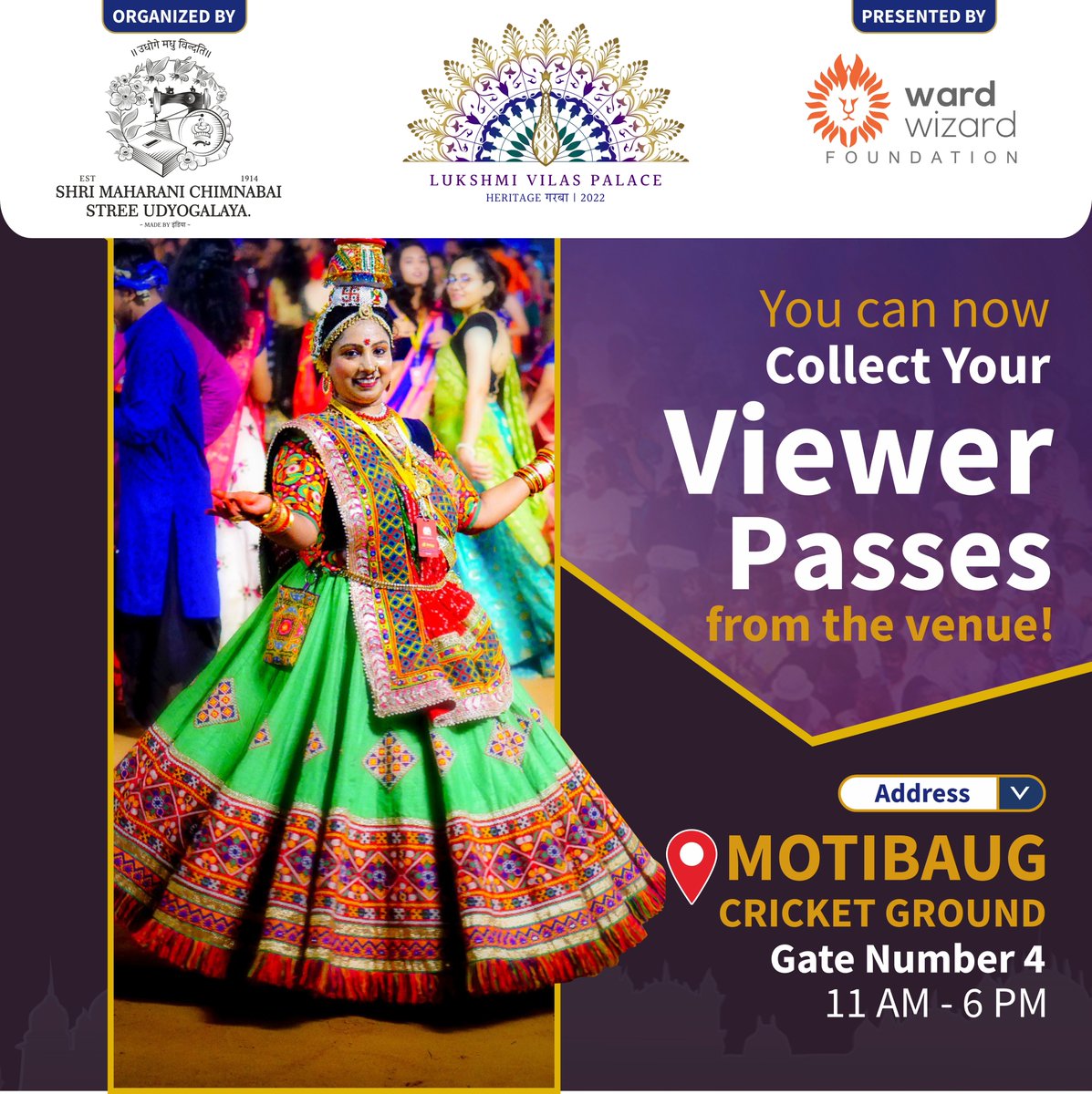 LVP_Garba's tweet photo. The window for the Viewer Pass collection is now open!
Collect your Viewer Passes from today 20th September 2022 onwards from the Motibaug Cricket Ground - Gate Number 4.
Time - 11 AM - 6 PM.
.
Register now before we run out of the slots!
https://t.co/QQUFlLQYMT https://t.co/hgmmwjbxby