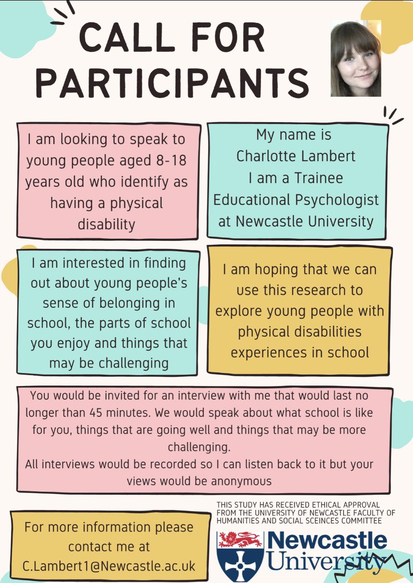 Call for participants! I’m looking to speak to young people aged 8-18 years old with a physical disability who attend or have attended mainstream education provisions. If interested please get in touch at c.lambert1@newcastle.ac.uk RTs much appreciated!  
#adayinthelifeofaTEP