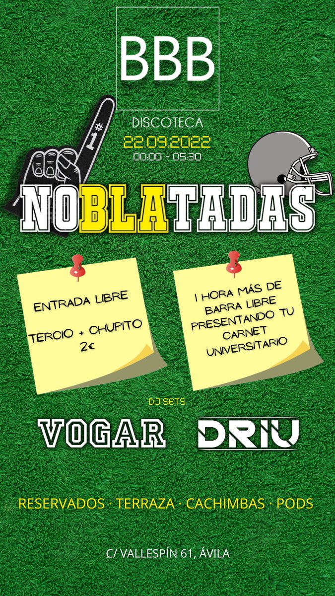 ESTE JUEVES tenemos NOVATADAS🤪 presenta tu CARNET UNIVERSITARIO🪪 y tu BARRA LIBRE será de 4 HORAS🍹😮‍💨

además, TERCIO + CHUPITO 2€🫣