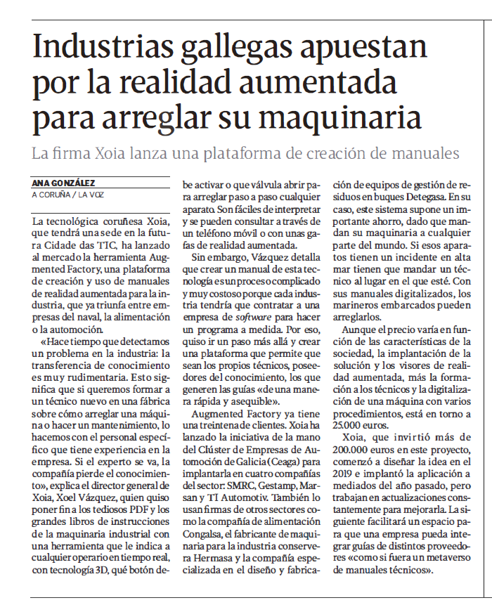 xoia_xr's tweet photo. Este artículo que @lavozdegalicia ha hecho sobre #AugmentedFactory pone en relieve cómo la Industria Gallega está apostando por la #innovación y la #realidadaumentada para optimizar su procesos, digitalizar su know-how y transferirlo a todo el mundo 🌍

📰 https://t.co/nG51kOa6J6 https://t.co/Duo1gviocv
