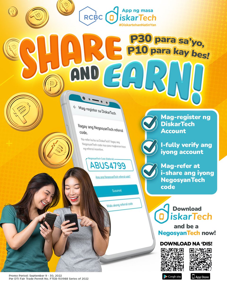 rcbcdiskartech's tweet photo. Sharing is caring, kaya, share na your NegosyanTech code! May earnings pa kayo ni bessy. Yun oh!
Download na dis:
Play Store: https://t.co/x9lYoeAaxR
App Store: https://t.co/0YKaU3i0Gm
#DiskartehanNatinYan #DiskarTech #AppNgMasa #HalosLahatPwede https://t.co/JgVJ3e0JXF