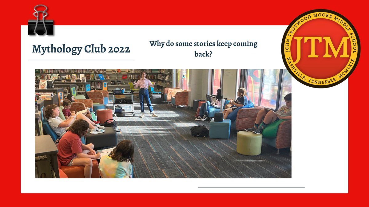 jtmoorelibrary's tweet photo. Mythology Club meets on Wednesdays, 8am in the library. Our facilitator asks, why do some characters keep coming back like a boomerang throughout history? Remixed, reimagined, but still an echo of a common experience throughout the story of the world. #MythMoore #ReadMoore https://t.co/vN5nlDC8u8