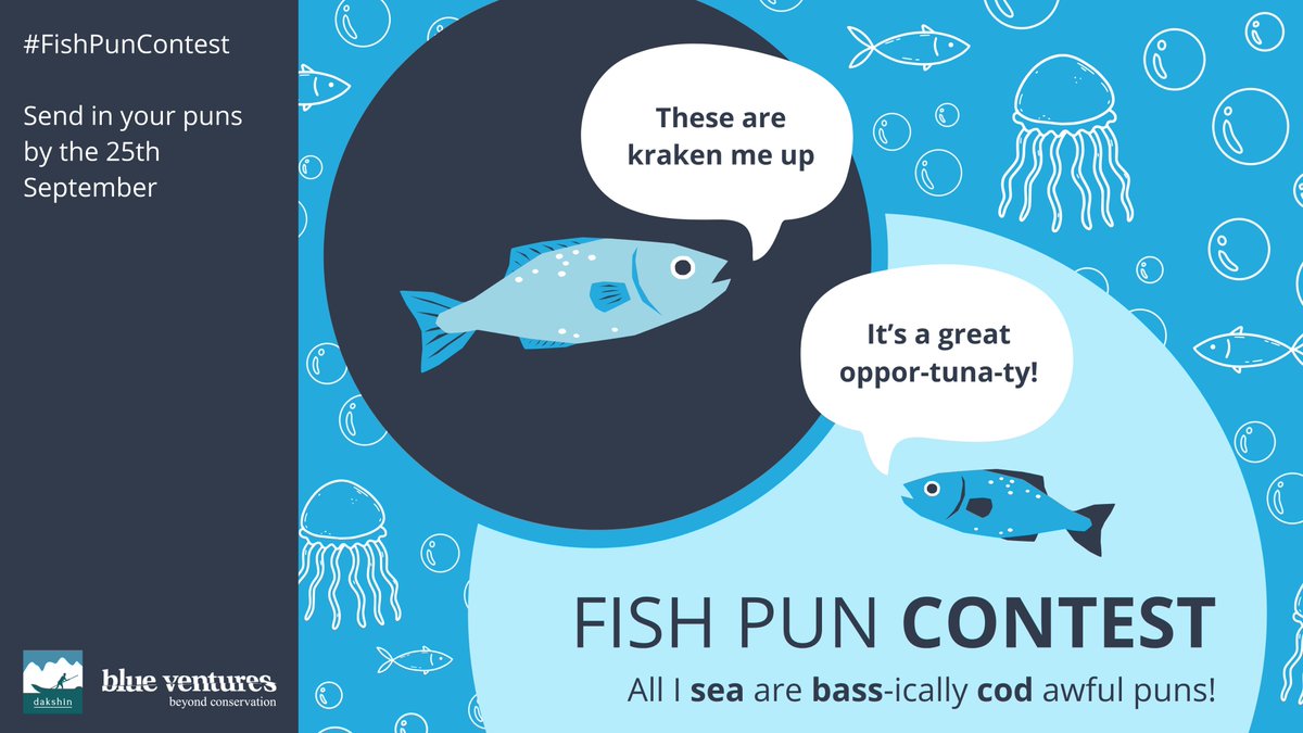 dakshin_seas's tweet photo. Well, it's oh-fish-ial, @BlueVentures &amp; @dakshin_seas are conducting a Fish Pun Contest! 🐟

To participate, 
1. Tweet your puns, related to the theme of #marineconservation &amp; #sustainability
2. Use #FishPunContest in your tweet 
3. Tag &amp; follow @dakshin_seas &amp; @BlueVentures

1/3 https://t.co/uTM2jUQoxm