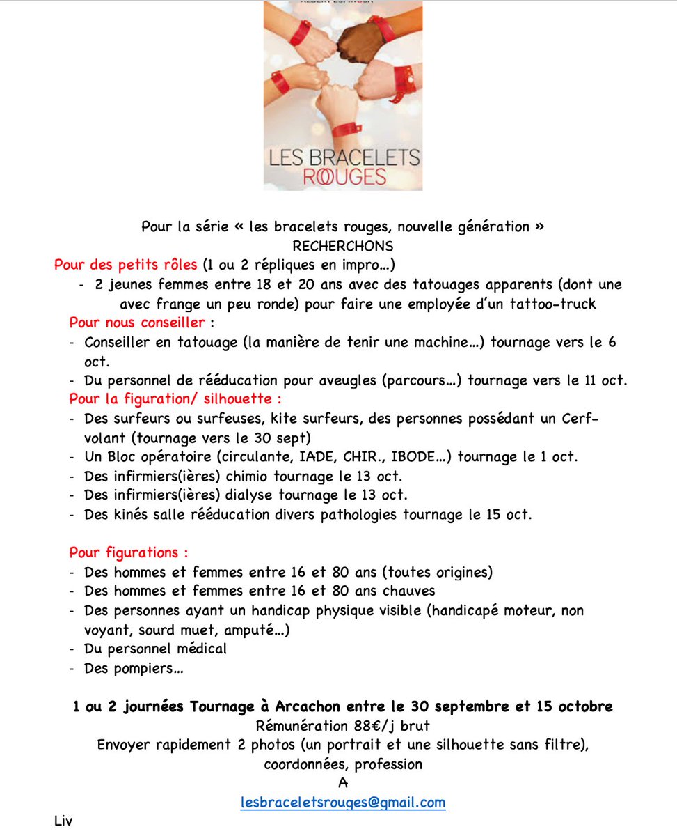 ch_d_arcachon's tweet photo. [CASTING] 🎬 'Les Bracelets rouges, nouvelle génération' TF1
Envoi des candidatures à lesbraceletsrouges@gmail.com (2 photos sans filtre – portrait + silhouette, coordonnées, profession).
 #LesBraceletsRouges #lesbraceletsrouges #VemaProduction #vemaproduction https://t.co/TSC1wJxhpe