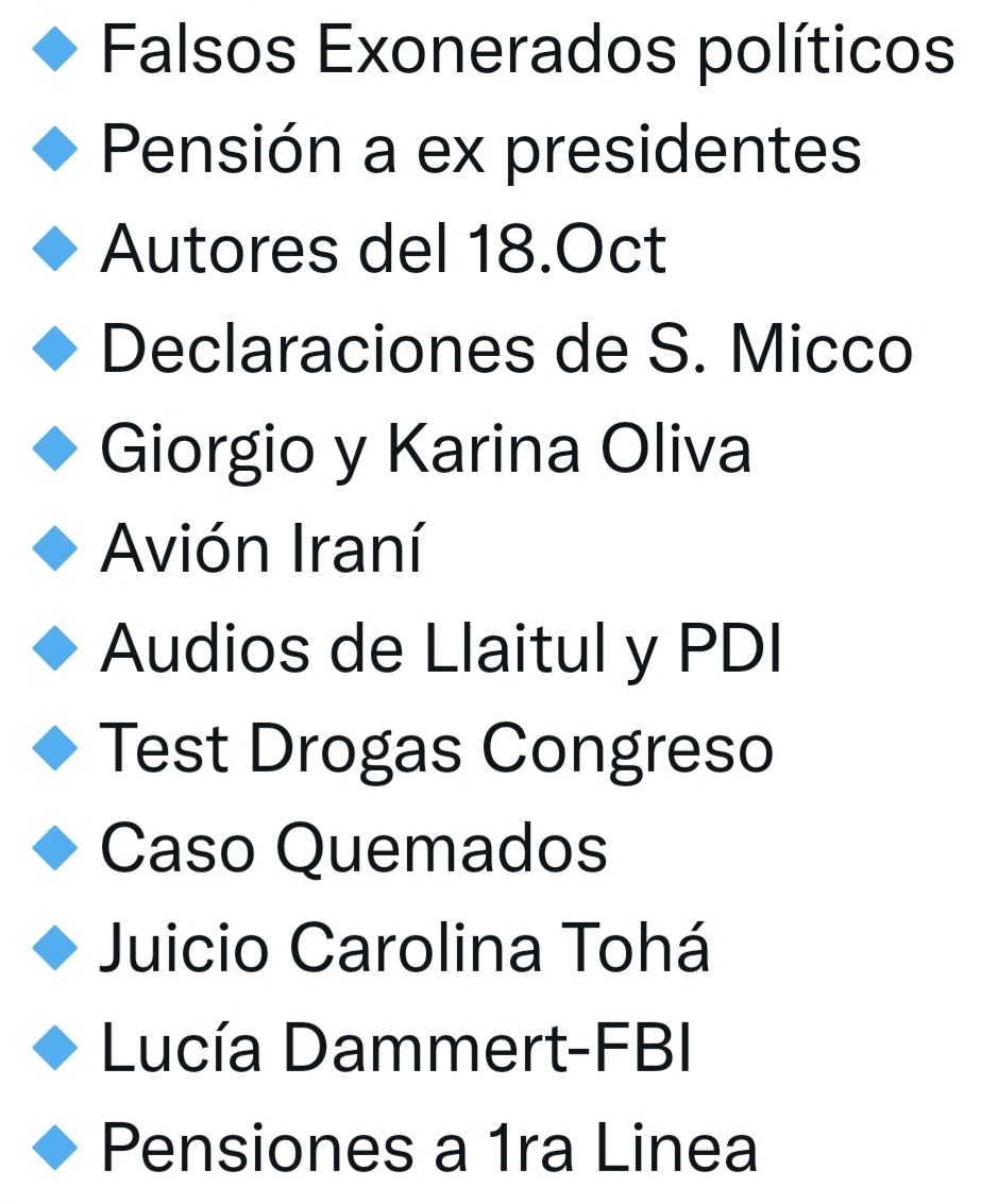 SebaFranzani's tweet photo. ⚠️ ATENCIÓN #Chile 🇨🇱❗
Como la memoria suele ser frágil... Recordemos algunos temas pendientes que requieren ser aclarados y resueltos a la brevedad. 
@GobiernodeChile @Camara_cl @Senado_Chile @Contraloriacl @PJudicialChile @FiscaliadeChile @PDI_CHILE @Carabdechile
RT https://t.co/PbKNgOA1hS