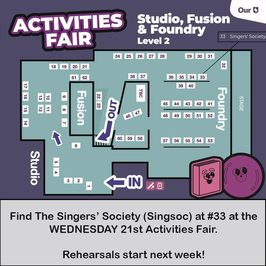 SheffSingSoc's tweet photo. Find The Singers' Society at the activity fair tomorrow (Wed 21st). We're #33 in the Foundry.

And if you can't make it (or you're not a student), you can still come along to our first rehearsals on the 26th and 29th September. https://t.co/Ij2gtPHCzV