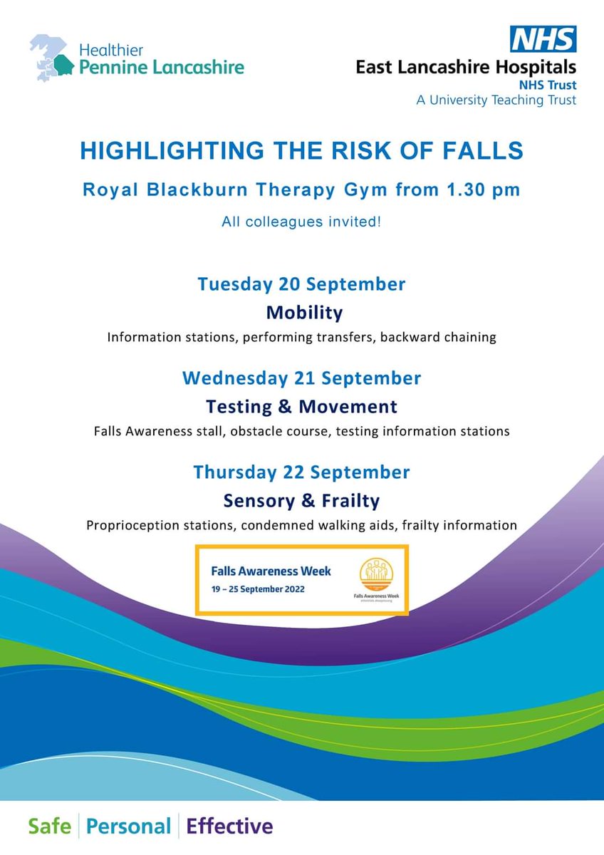 ELHT_AHPs's tweet photo. Falls awareness week! The Acute Therapy team will be hosting some activities in the Therapy Gym (level1 RBH). All welcome to join. During the week we will be handing out info packs to patients &amp; relatives. Wed 21st Sept there will be an info stall for advice &amp; walking aid support https://t.co/et4PvIXuit