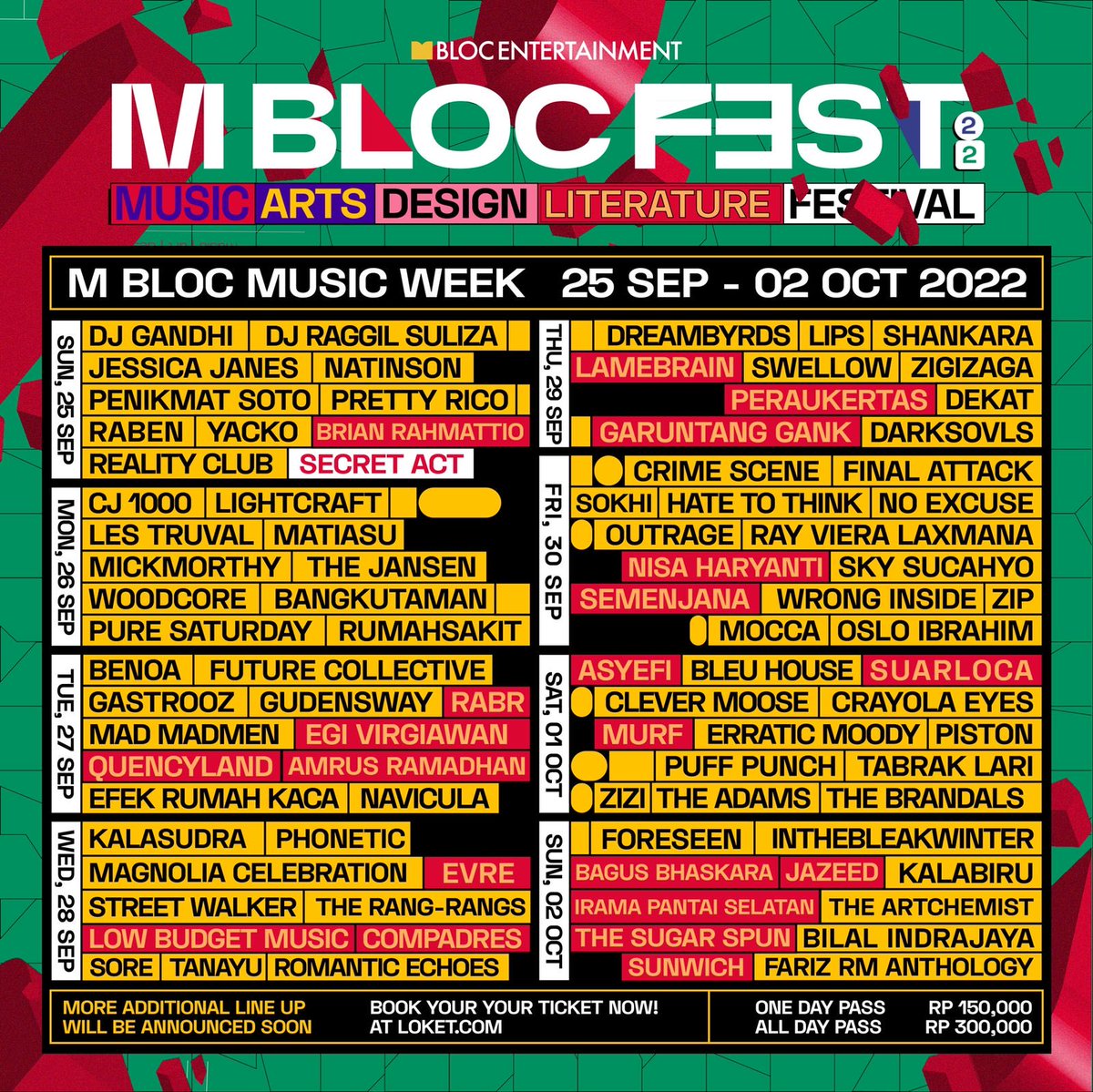 Festival for the Next Big Things
8 Days, 4 Venues, +100 Performers!

⁦<a href="/mblocfest/">mblocfest</a>⁩ : M Bloc Music Week
1 Day Pass Rp 150K
8 Day Pass Rp 300K

Ticketbox: bit.ly/3RQYUoR