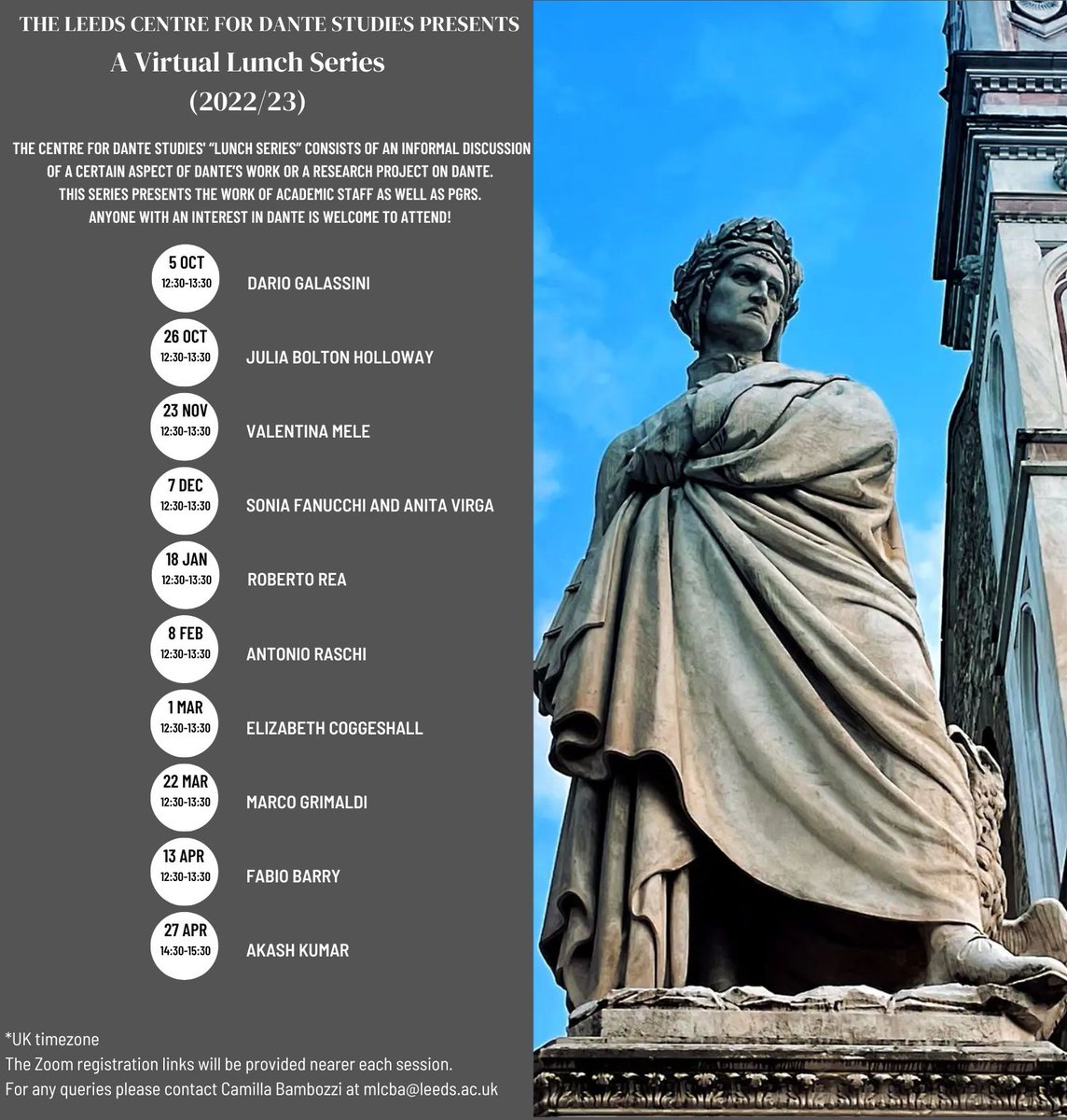 CamillaBambozzi's tweet photo. Glad to co-organise the @LeedsDante 2022/23 Lunch Series. Join us! https://t.co/2ftcBfryjQ
