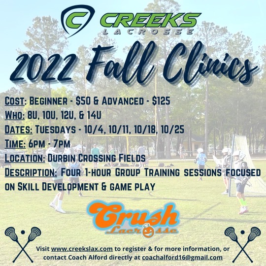 CreeksYouthLax's tweet photo. #Creekslax and @FCCrushLax Fall Boys Clinics Tuesdays in Oct. at Durbin 2209 field.
Register here: https://t.co/axolsnfn06 https://t.co/sZNw8b51Wp