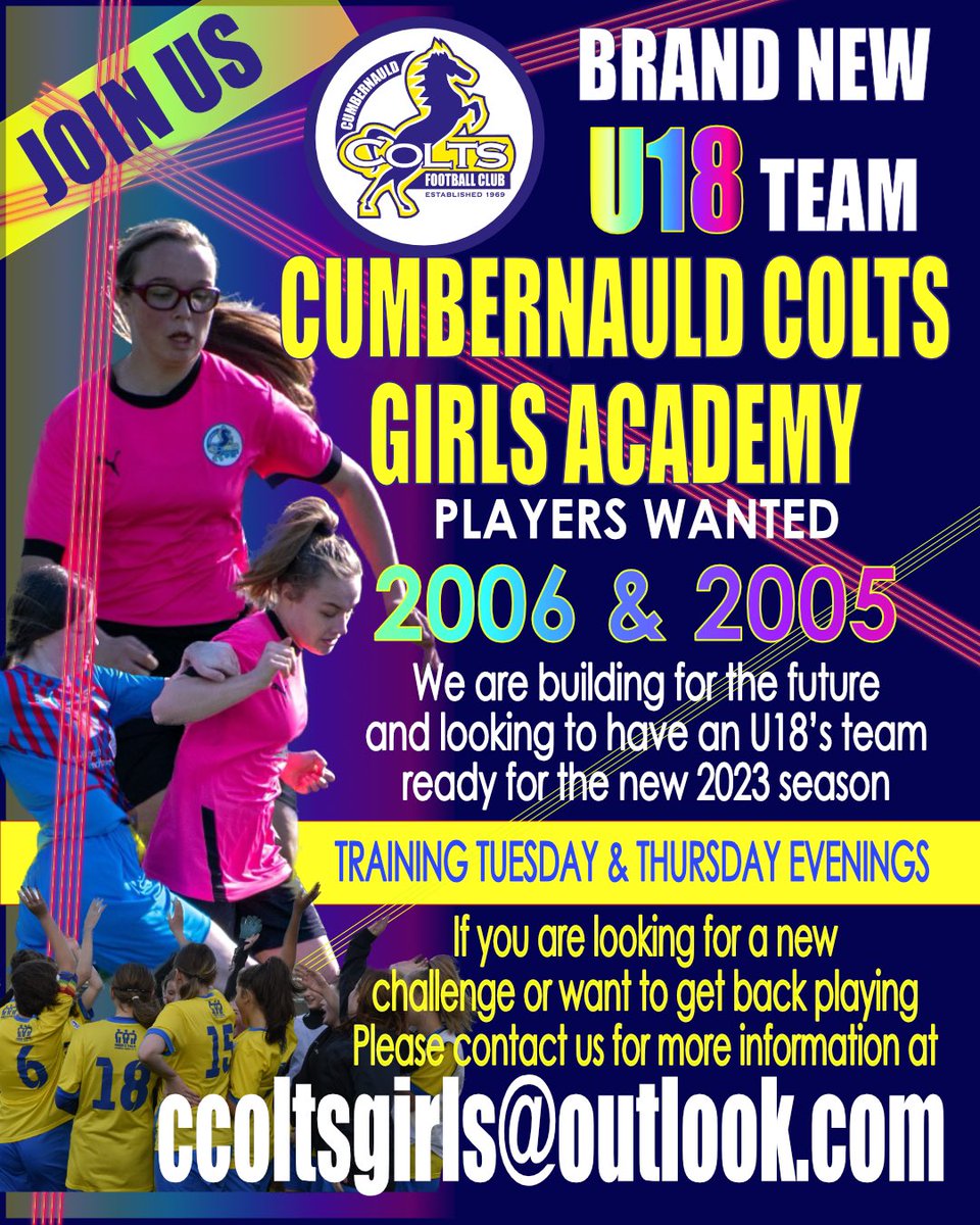 NEW U18’s SQUAD 

We are adding an U18’s to our fast growing pathway. Are you born 2006 or 2005, looking for a new challenge or wanting to get back to playing. Please contact us at ccoltsgirls@outlook.com or send us a DM. We look forward to hearing from you 💛💙 <a href="/OfficialCColts/">Cumbernauld Colts Community Football Club</a>