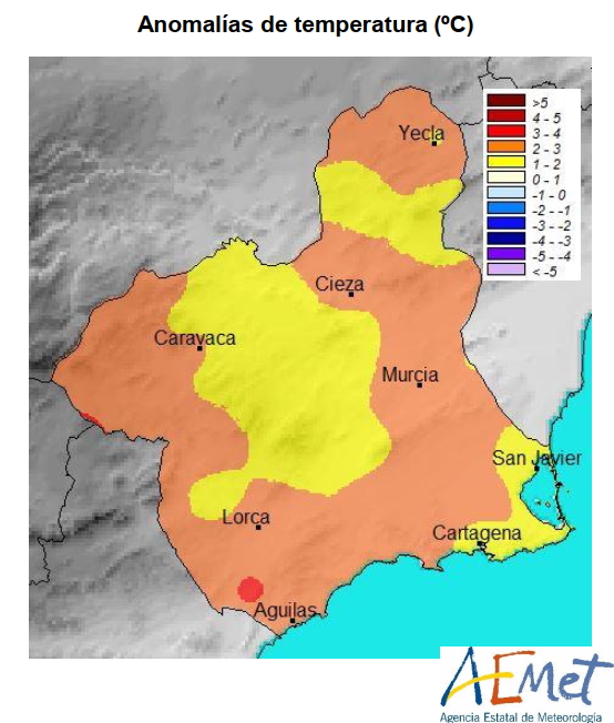 AEMET_Murcia's tweet photo. #Verano22 #RegiondeMurcia Extremadamente cálido (temperatura media: 26,2 ºC, anomalía: +2,0 ºC) Verano + cálido de al menos los últimos 62 años (ha superado al verano de 2003 (26,0 ºC). Mapa anomalías de #temperatura y evolución de máximas, mínimas y precipitación medias diarias https://t.co/KCQCghSnqS