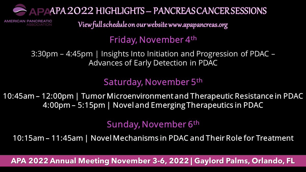 apapancreas's tweet image. Don&apos;t miss these Pancreas Cancer Sessions at APA 2022 - join us in Orlando Nov 3-6, 2022 - register by Oct 5th for early bird rates!

For more info:  american-pancreatic-association.org/meeting/?v=1d2…