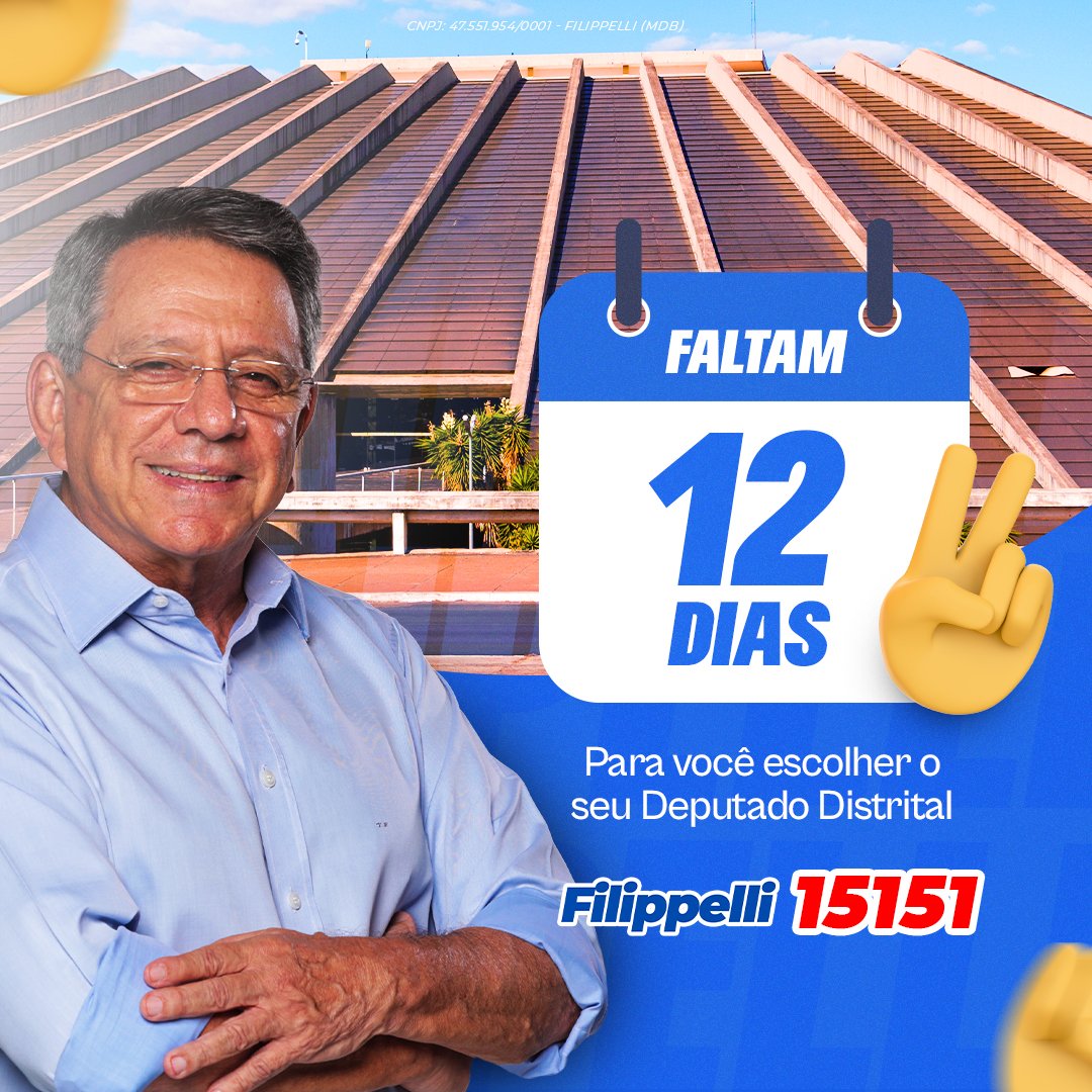 DoFilippelli's tweet photo. Estamos a 12 dias das eleições. Um momento importante da nossa democracia. Exerça com consciência e independência o seu voto. Como deputado distrital, quero fazer mais e melhor do que fiz em toda a minha vida pública. Contem comigo. Distrital é Filippelli, 15151. https://t.co/YXnrgGo41j