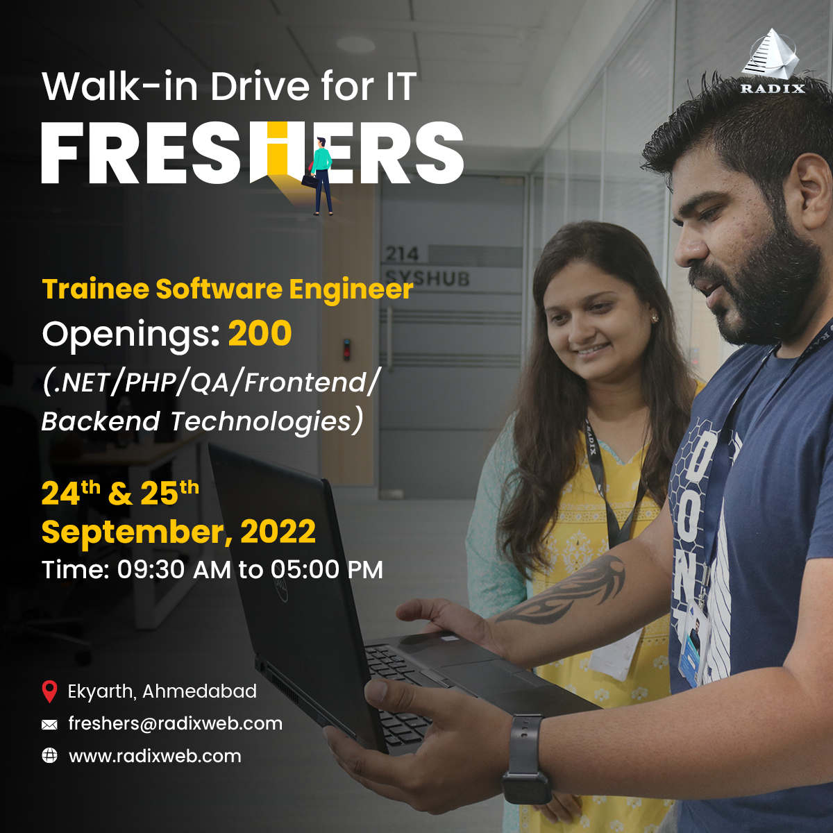 radixweb's tweet photo. Only few days are left for one of the biggest walk-in drive at Radixweb for IT Freshers. 😃

#walkin #freshers #hiringnow #hiringfreshers #ahmedabadjobs #ahmedabaditjobs #softwareengineers #trainees #career #softwaredevelopers #coders #hiring #ITfreshers #radixweb https://t.co/ubAnLea4vg