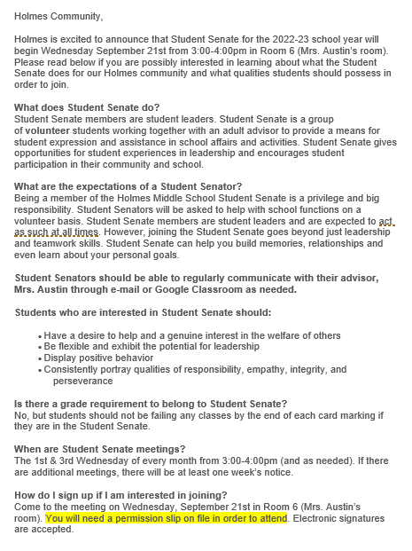 holmesmiddle's tweet photo. Holmes is excited to announce that Student Senate for the 2022-23 school year will begin Wednesday September 21st from 3:00-4:00pm in Room 6 (Mrs. Austin’s room). 

For more info.. .see below! https://t.co/BvWLFI2do6