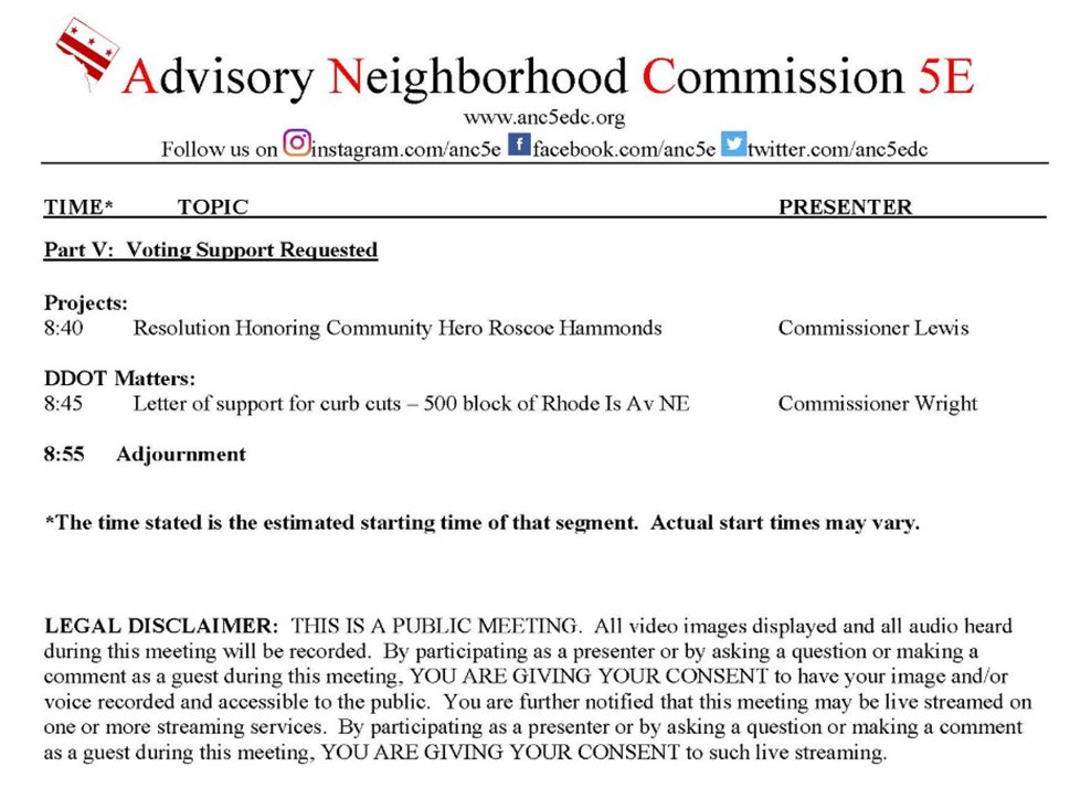 here is the agenda of tonight's <a href="/anc5edc/">Advisory Neighborhood Commission 5E</a> virtual meeting, 7 pm

<a href="/anc5e08/">Commissioner Robert Vinson Brannum #DCStatehoodNow</a> <a href="/bgholliday7/">Bertha Holliday</a> @ANC_5E06 
<a href="/Stronghold_DC/">Stronghold D.C.</a> <a href="/EckingtonCivic/">Eckington Civic Association</a> <a href="/TruxtonCircle/">Truxton Circle, DC</a> #BloomingdaleDC
