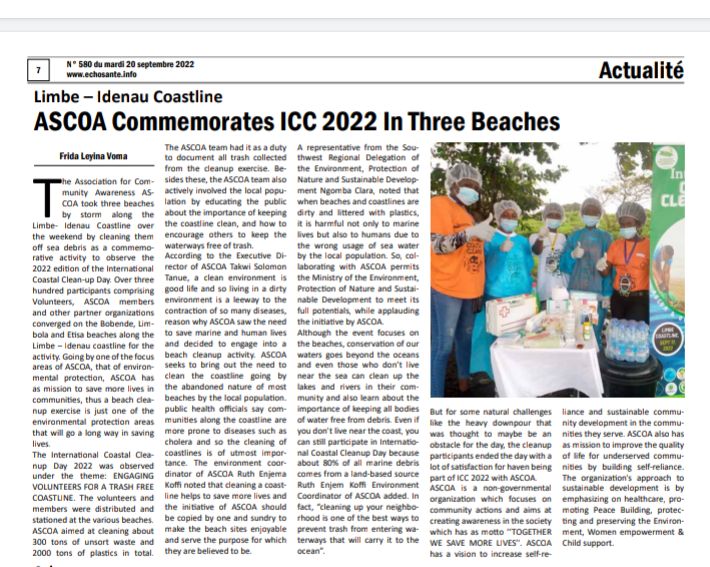 Together we save more lives by engaging in community activities. ASCOA was at the Bobende, Limbola and Etisa beaches over the weekend to Clean the areas on the occasion of  ICC Day 2022. ECHOSANTE Newspaper captured the event.
#ascoa, #oceanconservancy,