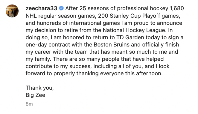 ConorRyan_93's tweet image. Zdeno Chara announces on Instagram that he is retiring after 25 seasons in the NHL. 

He is signing a one-day contract to officially retire as a Boston Bruin.
