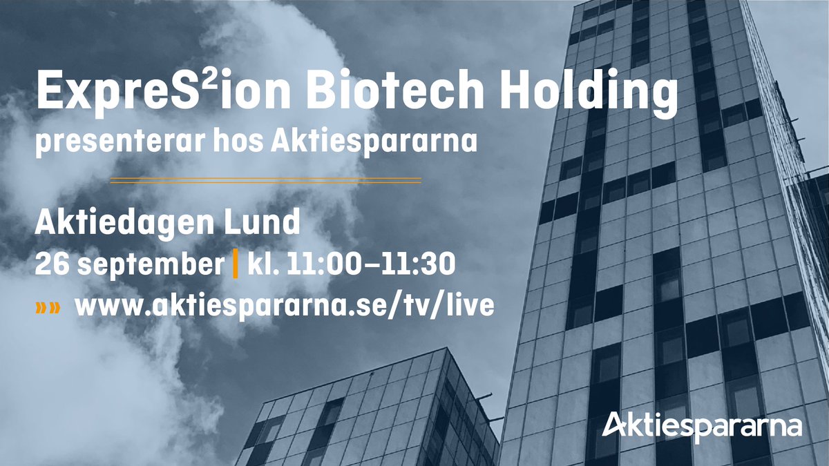 ExpreS2ionB's tweet photo. See our CEO live on Monday September 26 at 11.00hrs CET at  @AktiesparEvent - more info on the event here: https://t.co/ipHgB1b3ZP
#aktiespararnaevent #Aktiedagen @aktiespararna  #ExpreS2ion #Biotech #covid19 #breastcancer #influenza #malaria #ExpreS2 #proteinsforlife https://t.co/8Usn0epAr6
