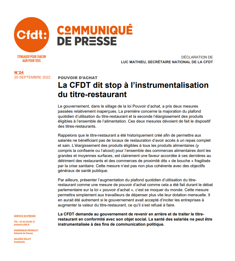 || COMMUNIQUÉ DE PRESSE || La CFDT dit stop à l'instrumentalisation du titre-restaurant. cfdt.fr/portail/presse… #chèquesdéjeuner #pouvoirdachat #salaires