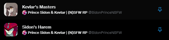 Along with the Zora's Domain Residents list, these will be the only 2 personal lists on the account.

Reply to this or DM me if you would like to be on either or both of these lists. Be a part of Sidon's harem! Or be Kevlar's master.