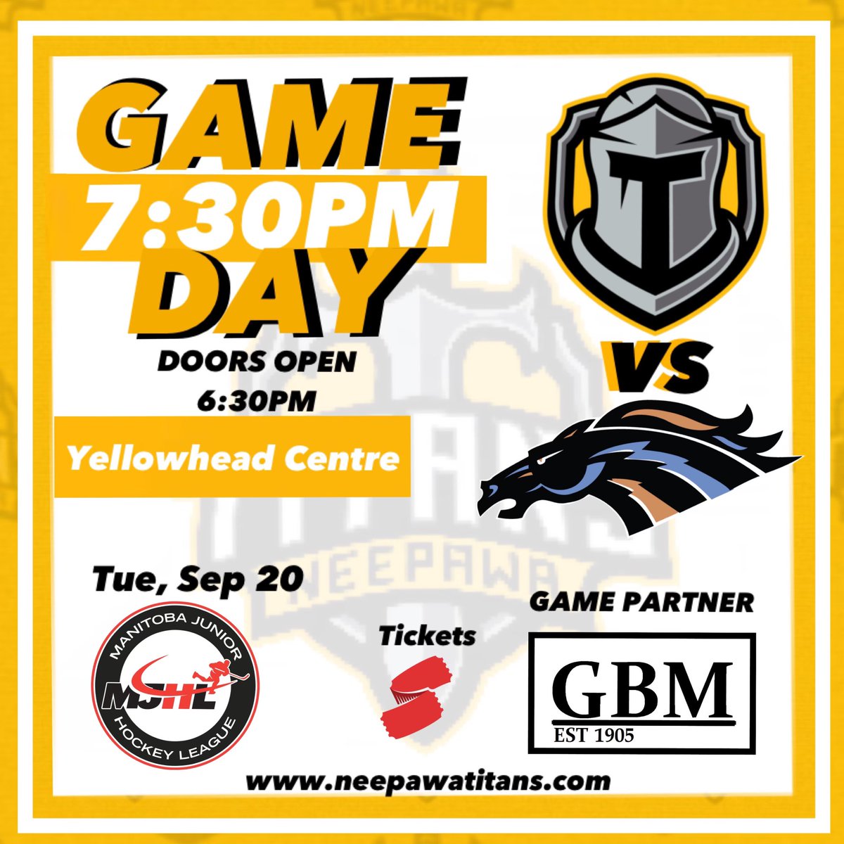 MJHLTitans's tweet photo. It’s GAMEDAY! 

The TITANS play at home tonight vs the Swan Valley Stampeders! 🥅🏒

Tonight’s game partner is GUINN Bros. Memorials. 

🆚 @SVStampeders 
📍 Yellowhead Centre 
⏰ 7:30PM
📺 @MyHockeyTV
🎟 at https://t.co/KDWBHqb3uP @showpassevents 
@suskmuffin 

#LetsGoTitans🛡🗡 https://t.co/BTafe6F4Rm