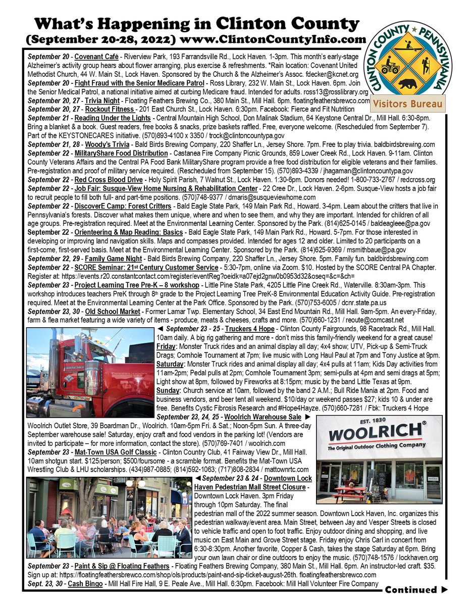 ClintonCountyPA's tweet photo. Hi, Clinton County fans! Attached is your latest “What’s Happening” flyer! Please print, post &amp; share (we share this to our Explore Clinton County, PA Facebook page). For a full Calendar of Events, visit our website at https://t.co/772rVwWwb4. https://t.co/FfYwEjeiIU