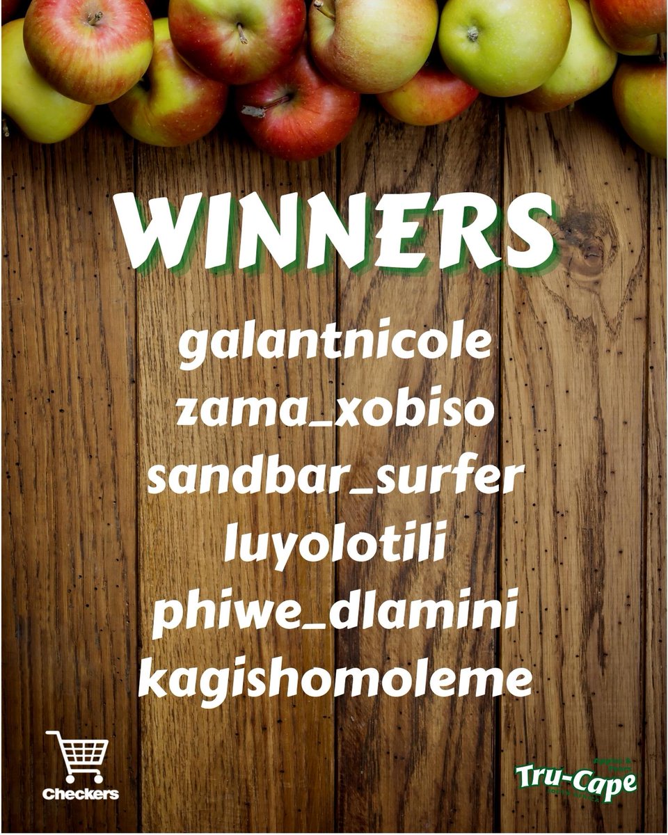 TruCapeFruit's tweet photo. A big congratulations to the winners of the R5’000 @CheckersSA vouchers! 🍎
Thank you to everyone who entered the competition.
Please may the winners send us their delivery and contact information.
#Winners #vouchers #Checkers #Freshmark #apple #Pears #Competition https://t.co/BZEk8jGRc1
