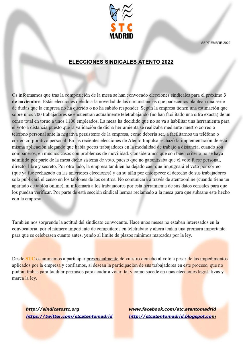 Elecciones sindicales Atento Madrid