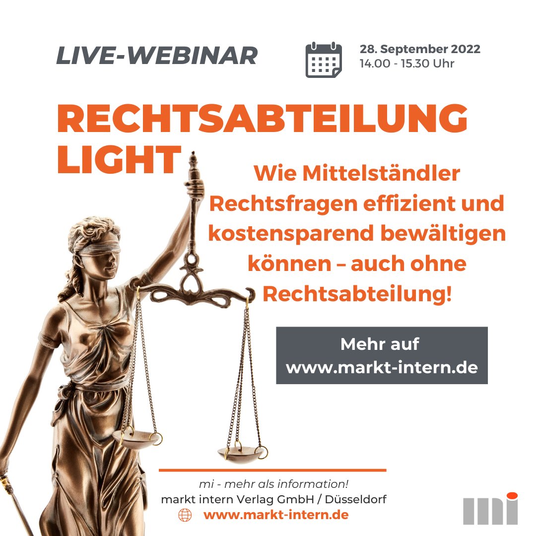 marktintern's tweet image. Unser Referent Dr. Gregor Kuntze-Kaufhold lic. en droit, Justiziar des 'markt intern'-Verlags, gibt hilfreiche Tipps und Tricks zum Thema 'Rechtsabteilung light'. Sparen Sie Zeit und Nerven - hier geht's zur Teilnahme: