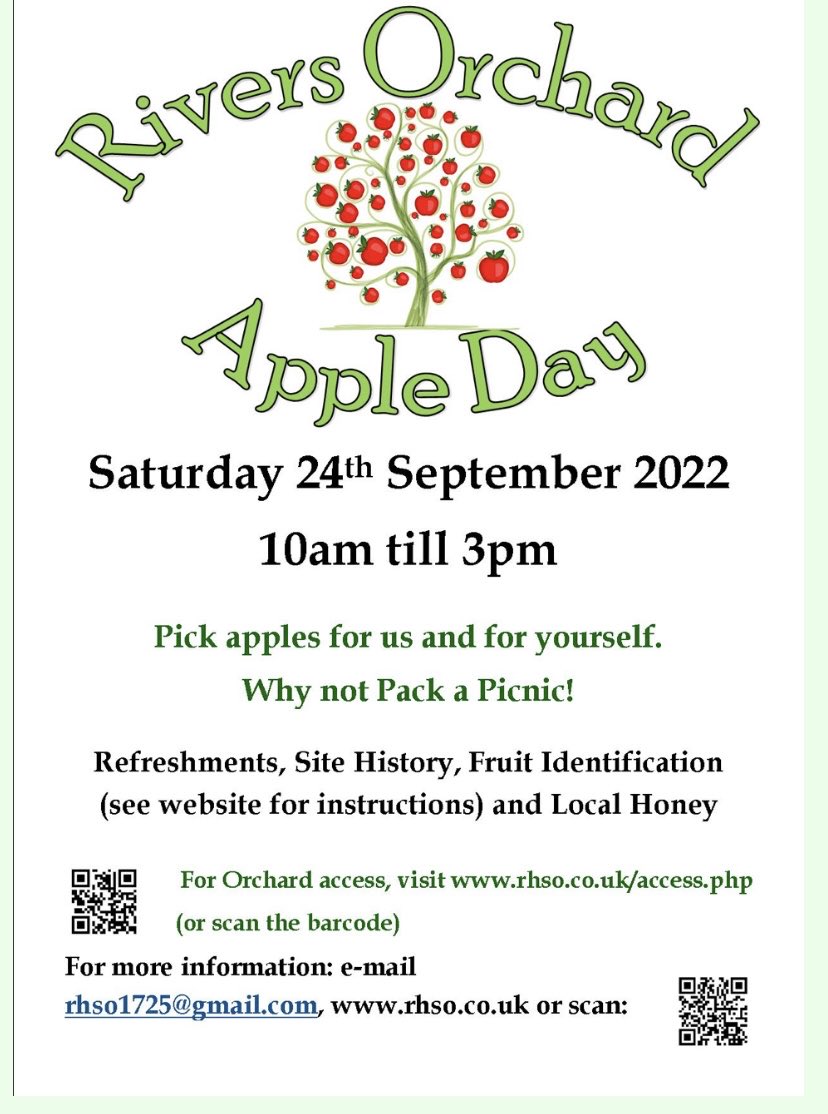 Apple Day 

Apple Day this Saturday 24th. If driving the entrance is by the Rivers Hospital and we have permission to use the first car park nearest the Orchard. apples are juiced which we sell at various community events. There will also enough apples for you to take home.