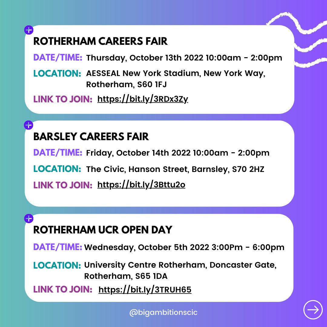 BigAmbitionsCIC's tweet photo. ✨October Events✨

There are a variety of #events, #jobsfairs, #webinars, #course, #training, and #opendays, upcoming in 📆October.

For support with applying to, or preparing for any of these events, please contact us.

#upcomingevents #news #southyorkshire https://t.co/JiDLVZyxeM