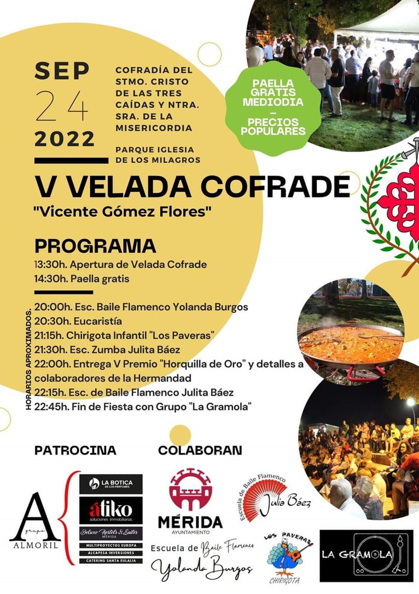 La cofradía <a href="/trescaidasmerid/">TresCaídas Mérida</a> organiza, este sábado 24 de septiembre, en el Parque de la Iglesia de Los Milagros, la 'V Velada Cofrade Vicente Gómez Flores' con diversas actuaciones de música y baile y la entrega del Premio Horquilla de Oro 2022.