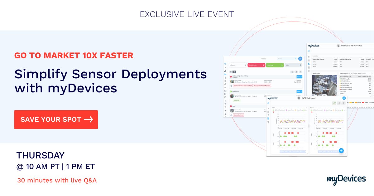 myDevices_IoT's tweet image. 📌 Register here-> bit.ly/3PAWQQ8
Join us on Thursday to discover how we simplify #LoRaWAN sensor deployments for our B2B partners. Live demo and Q&A to get to market 10x faster! Don't miss it.
#sensors #sensorsolutions #IoT #IoTSolutions #LoRa #ShopLoRaWAN #IIoT