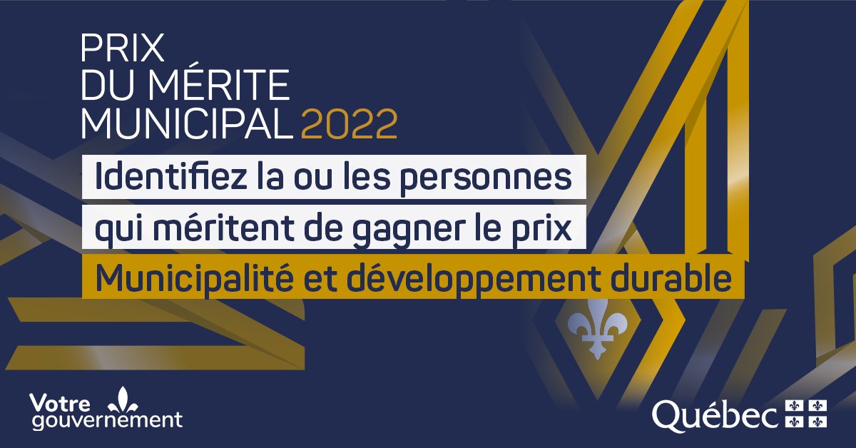 Mettez en lumière un organisme municipal qui contribue au dév. durable de votre collectivité, tant environnemental, social qu’économique! Encouragez-le à déposer sa candidature pour le prix «Municipalité et développement durable» du #MériteMunicipal 2022. mamh.gouv.qc.ca/fileadmin/publ…