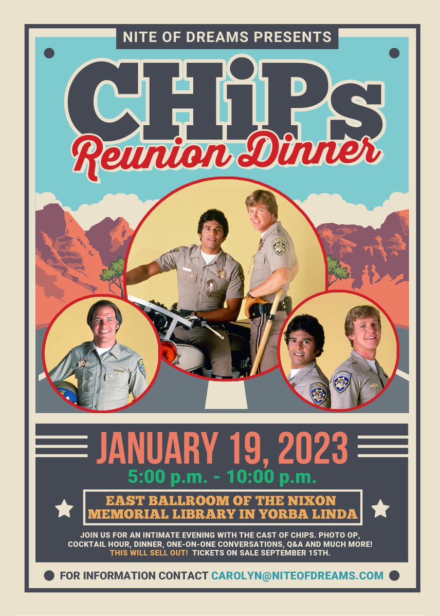 indomitablenow's tweet photo. Our sister company, Nite of Dreams, is hosting a very special evening with the cast of CHiPs on January 19, 2023, in Yorba Linda. Details are on the flyer. Tix and more info are available on EventBrite. https://t.co/PNR2ex5aL3 https://t.co/WvYexpGQtb