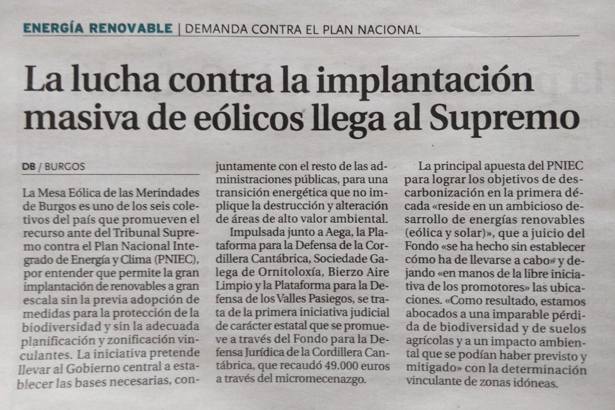 MesaEolica's tweet photo. ¡Llegamos al Supremo!
"La lucha contra la implantación masiva de eólicos llega al Supremo" 
Medios: @diariodeburgos 
Nota de prensa íntegra:
https://t.co/bEX4aRyKBK https://t.co/bzj1TMTYPV